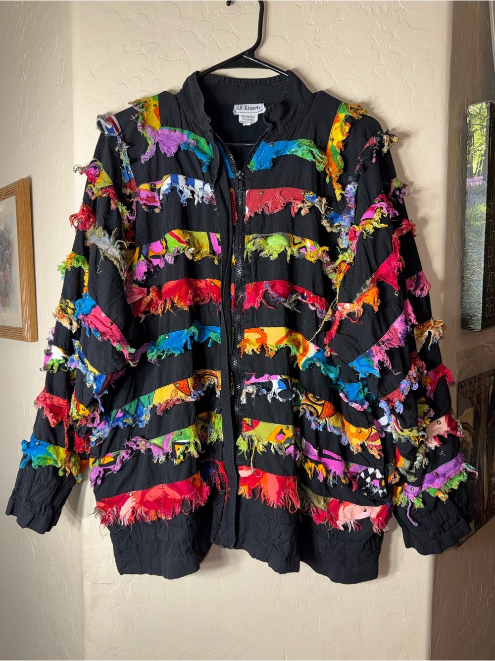 J.A. Resorts Black Rainbow Patchwork Fringe Zip Jacket Boho Festival Plus 1X